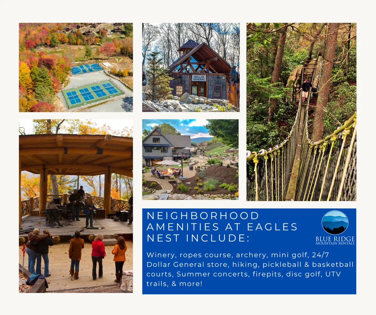 A wide-angle view captures the vibrant community amenities of Eagles Nest, including a mini-golf course, ropes course, archery setup, an outdoor concert stage, the community lodge, and scenic hiking trails winding through green hills. Families can be seen enjoying various activities, and the setting conveys an energetic, communal atmosphere.
